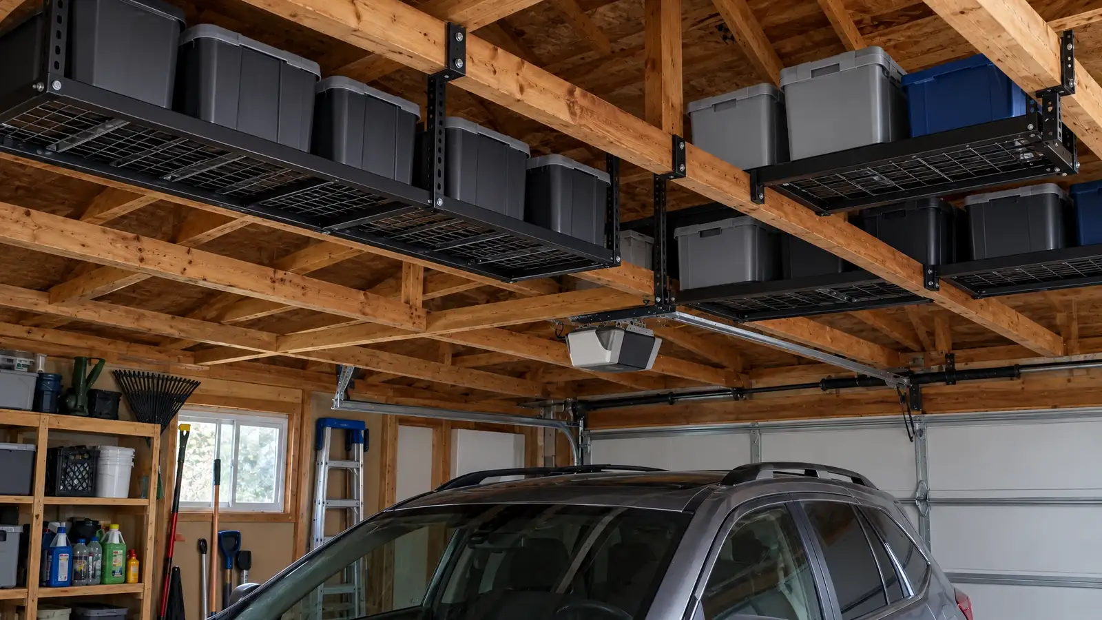 After: the same ceiling clean with black overhead racks holding lidded bins