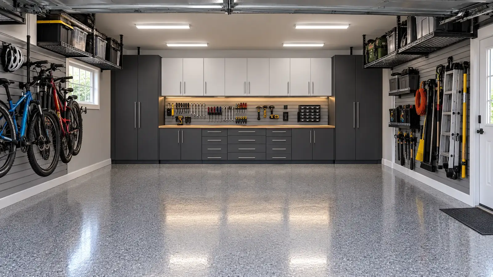 After: the same garage cleared and fitted with graphite and white cabinets, slatwall, overhead racks and a glossy flake floor