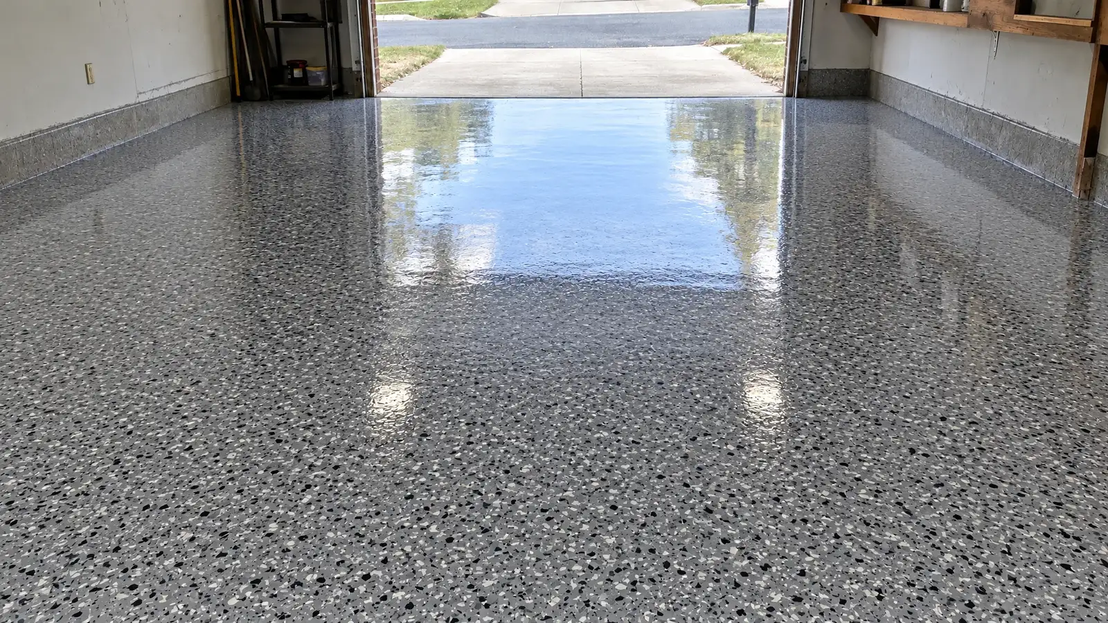 After: the same floor repaired and coated in glossy gray and charcoal flake