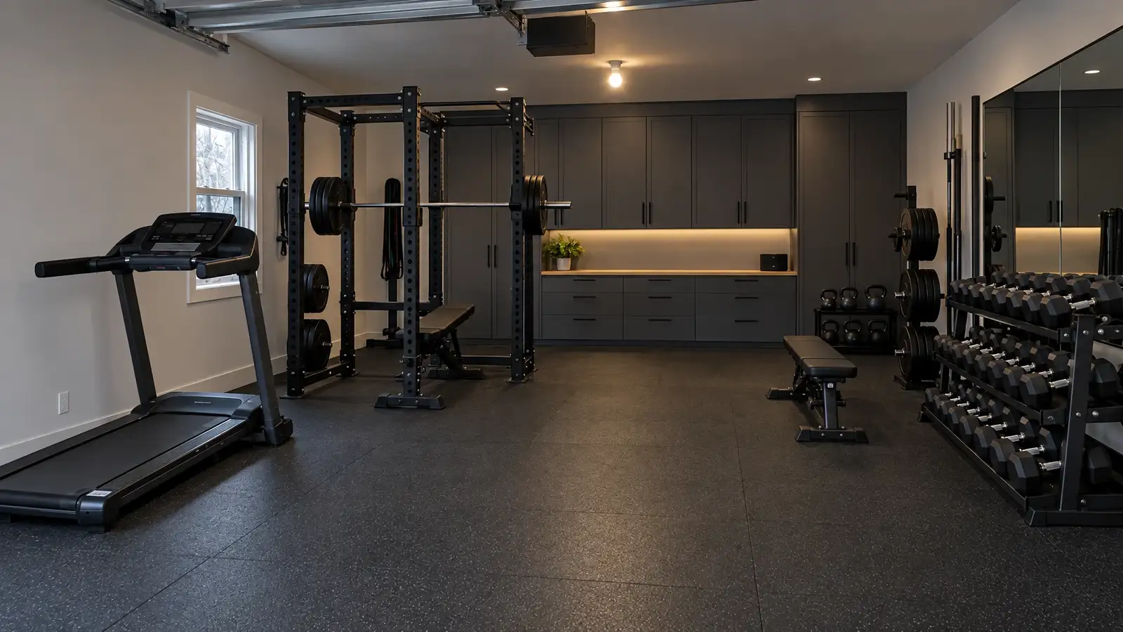 After: the same garage as a home gym with rubber floor, rack, mirror and finished walls