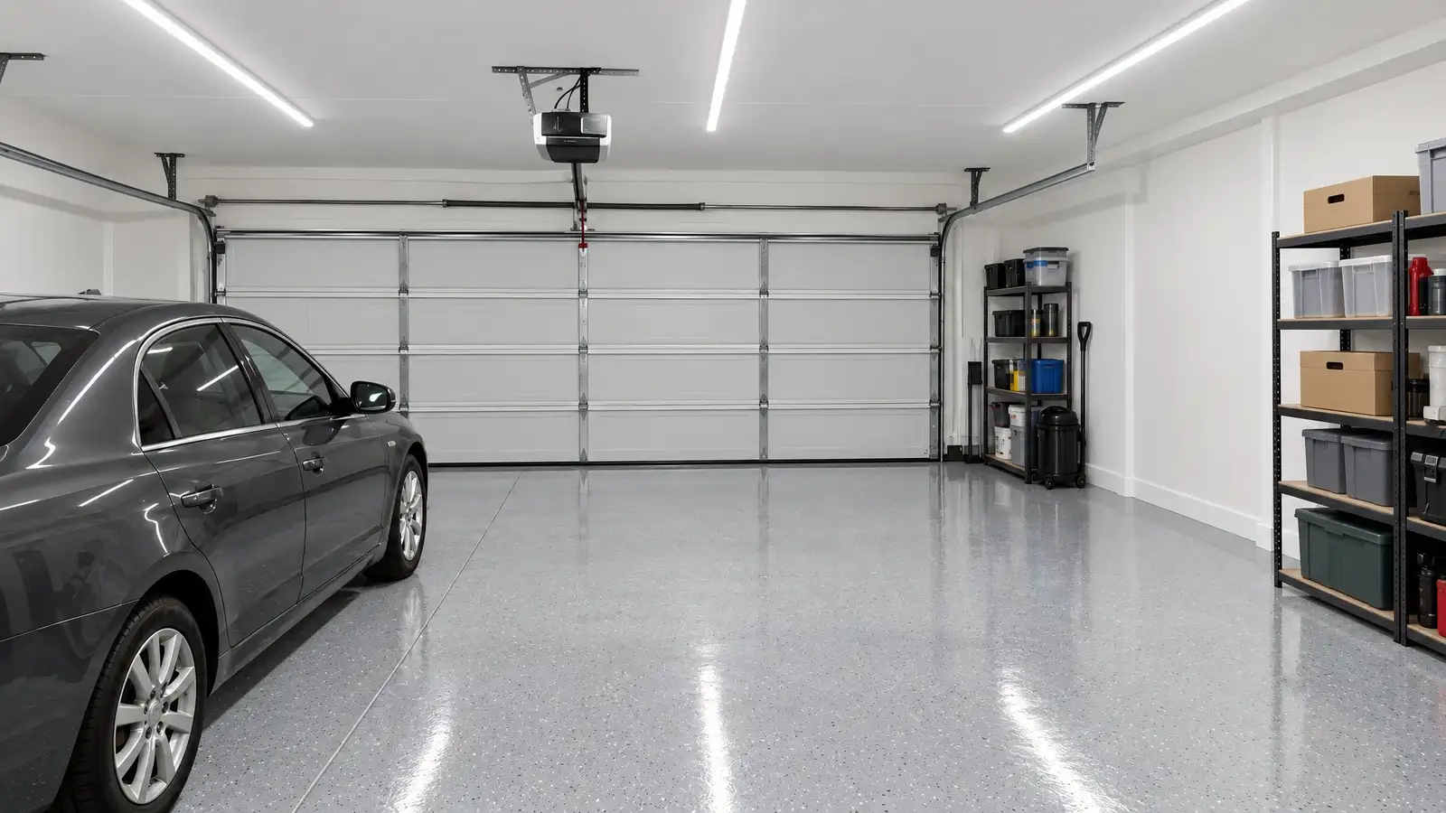 After: the same garage bright with LED linear lights, painted walls and a gray coated floor
