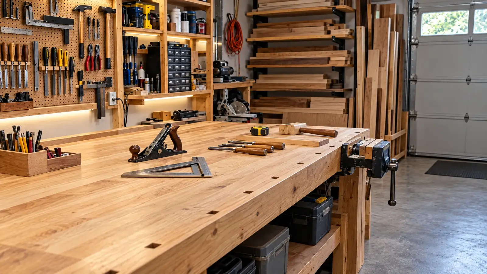 After: the same workshop with a tool wall, a tidy bench and bright task light