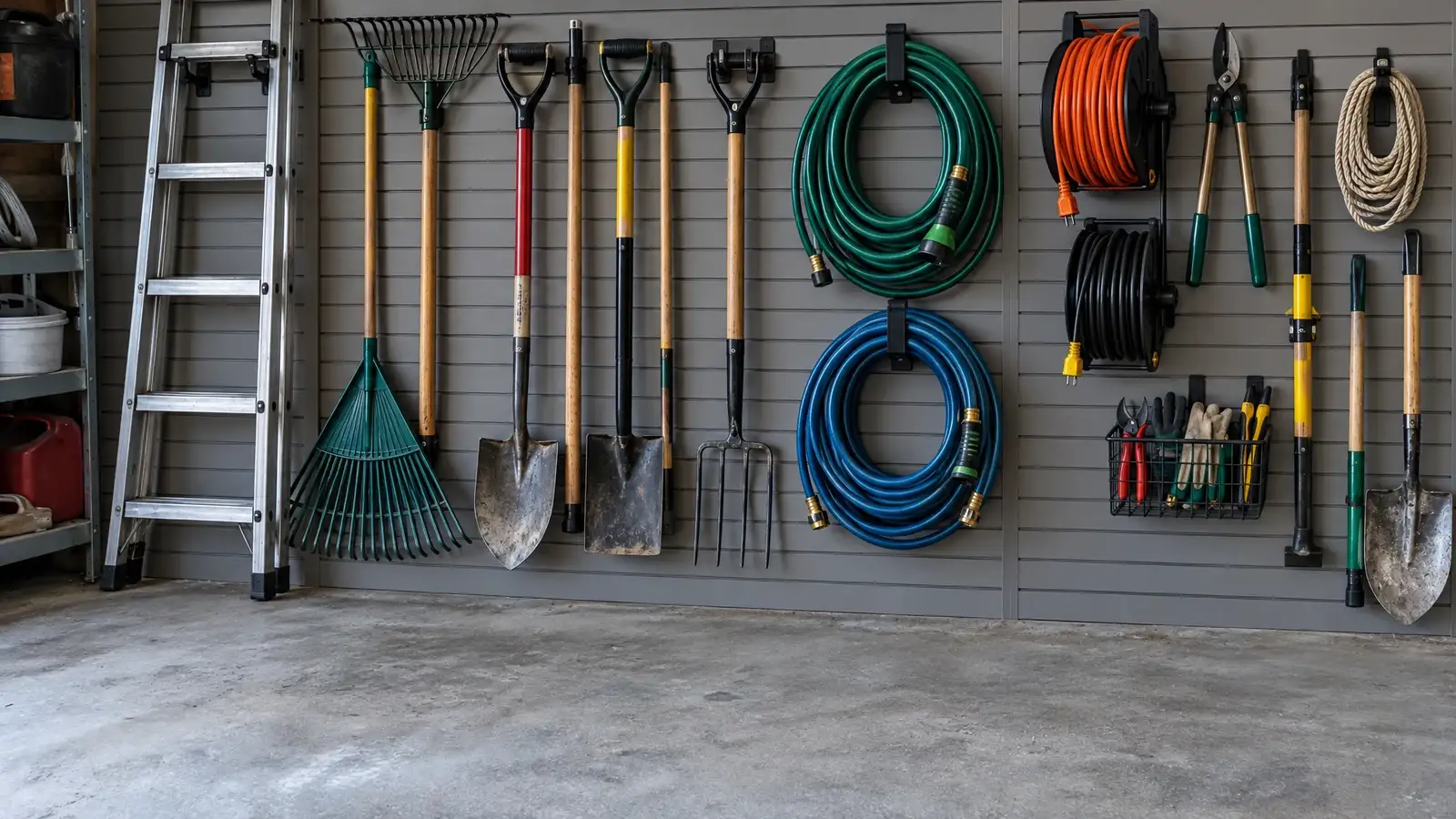 After: the same wall fitted with gray slatwall with every item neatly hung