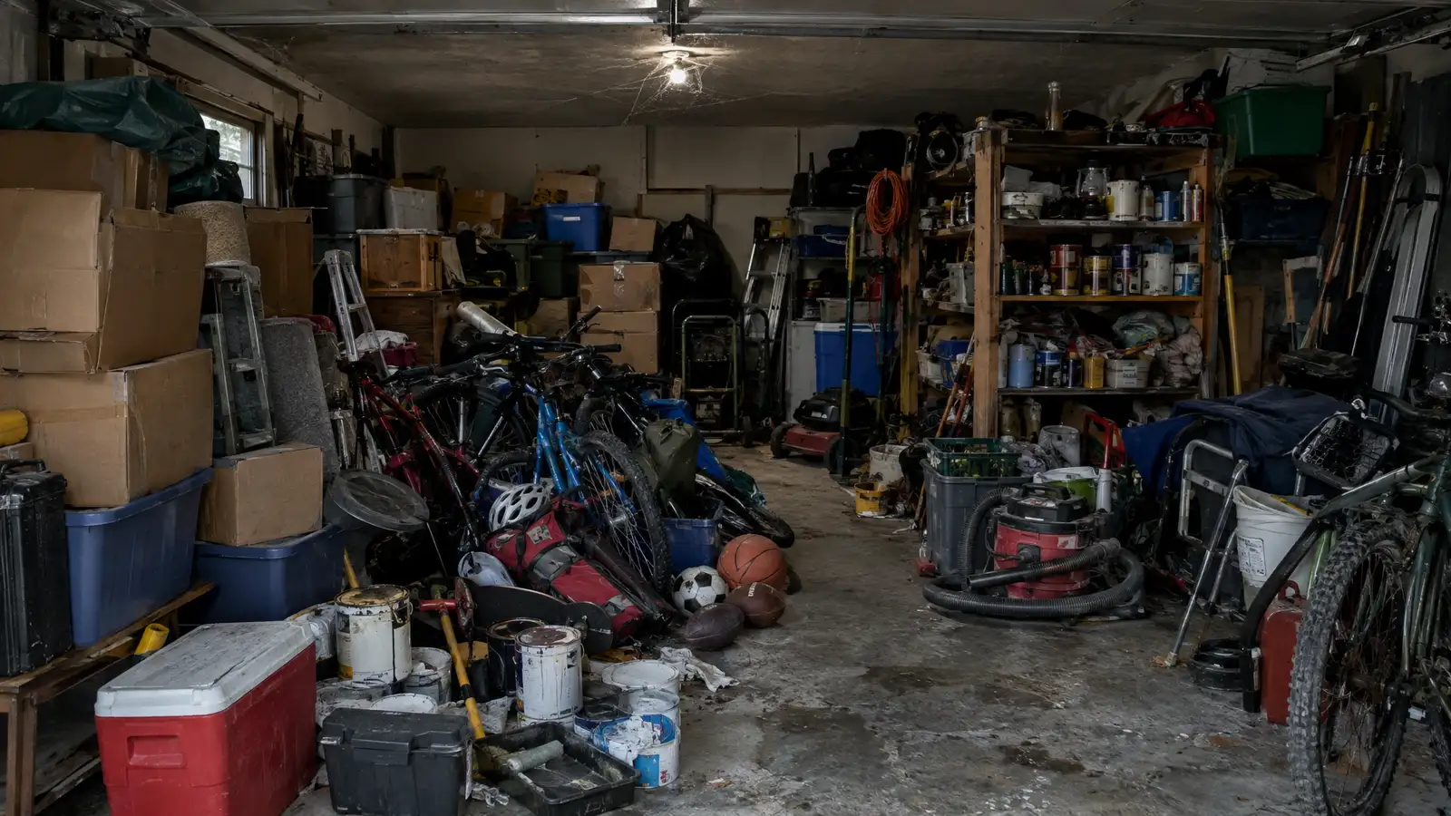 Before: a two-car garage packed with boxes, bikes and gear with almost no floor visible