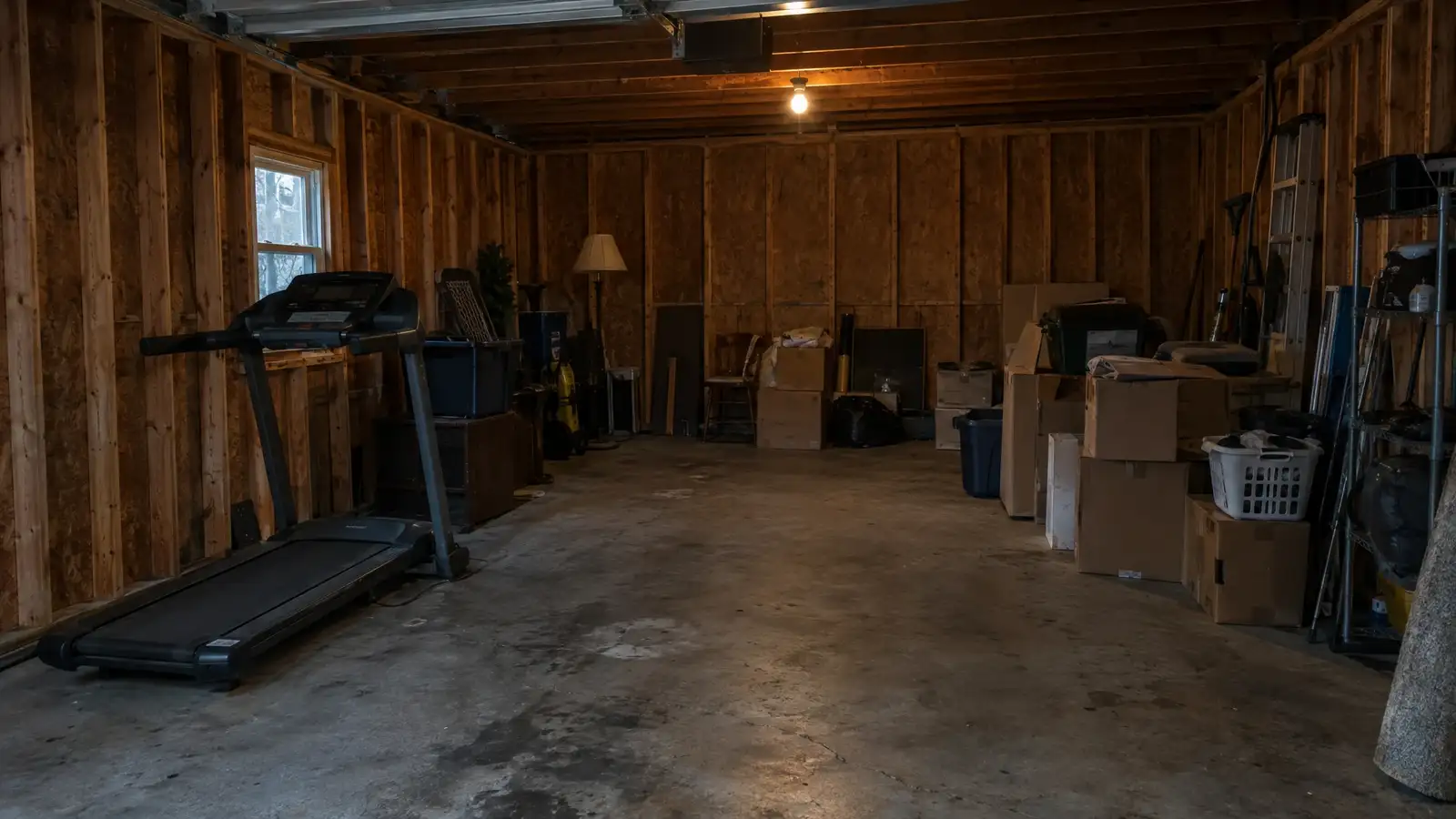 Before: an unfinished garage with a lone treadmill, boxes and exposed studs