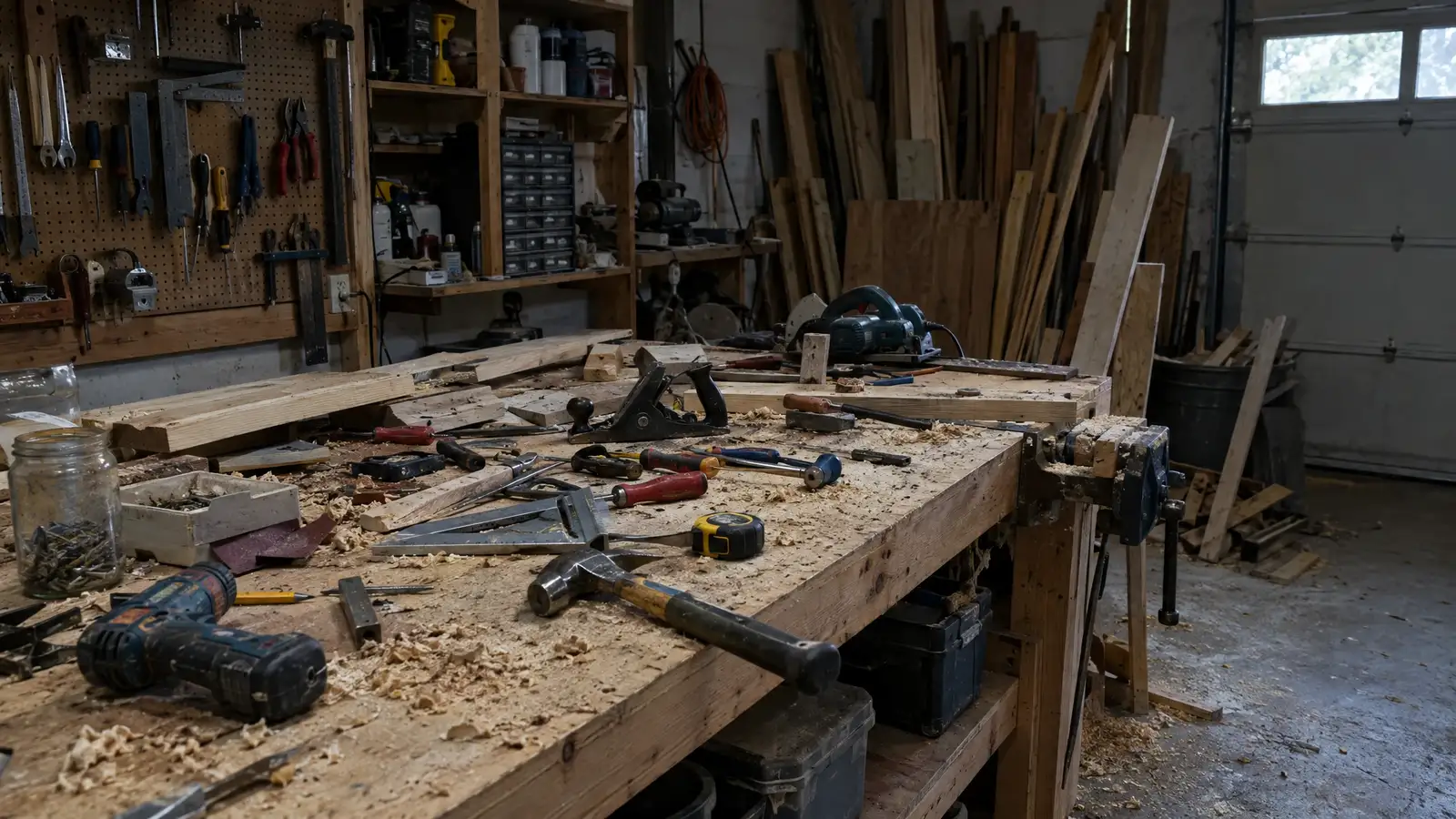 Before: a cluttered garage workbench with tools strewn about and sawdust