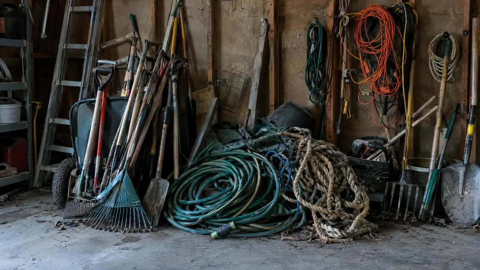 Before: a garage wall with leaning tools, tangled hoses and cords