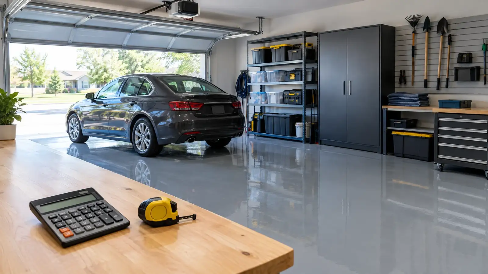 A finished custom garage with cabinets, slatwall and a glossy floor