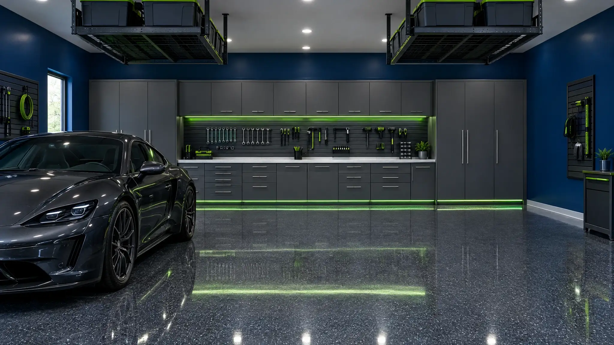 A finished custom garage: graphite cabinets, charcoal flake floor, navy walls