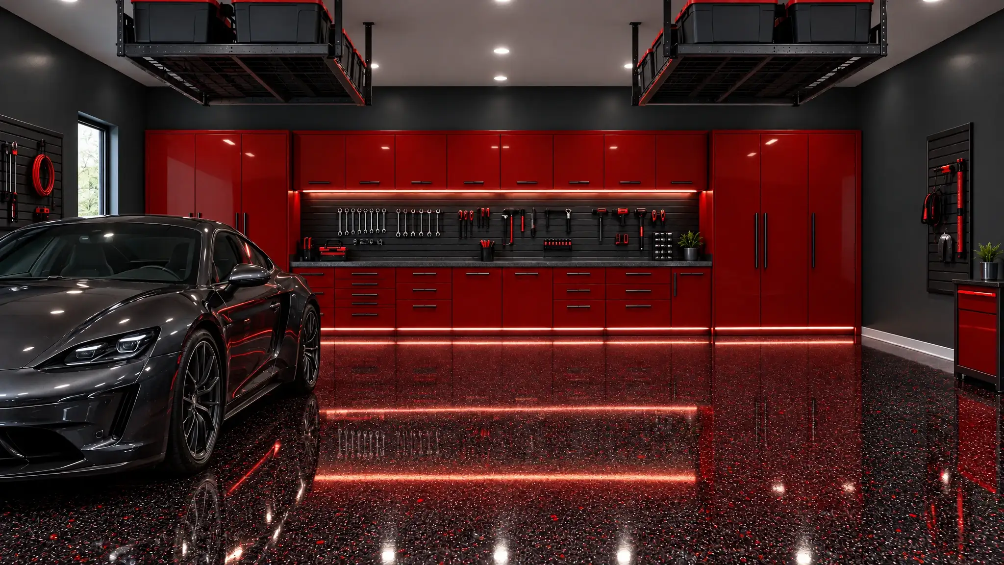 A finished custom garage: racing red cabinets, black and silver flake, charcoal walls
