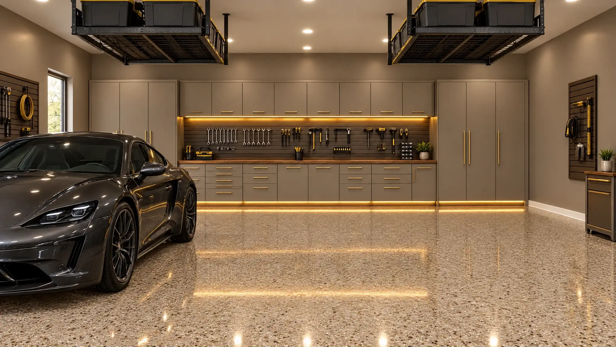 A finished custom garage: greige cabinets, walnut top, tan canyon flake floor