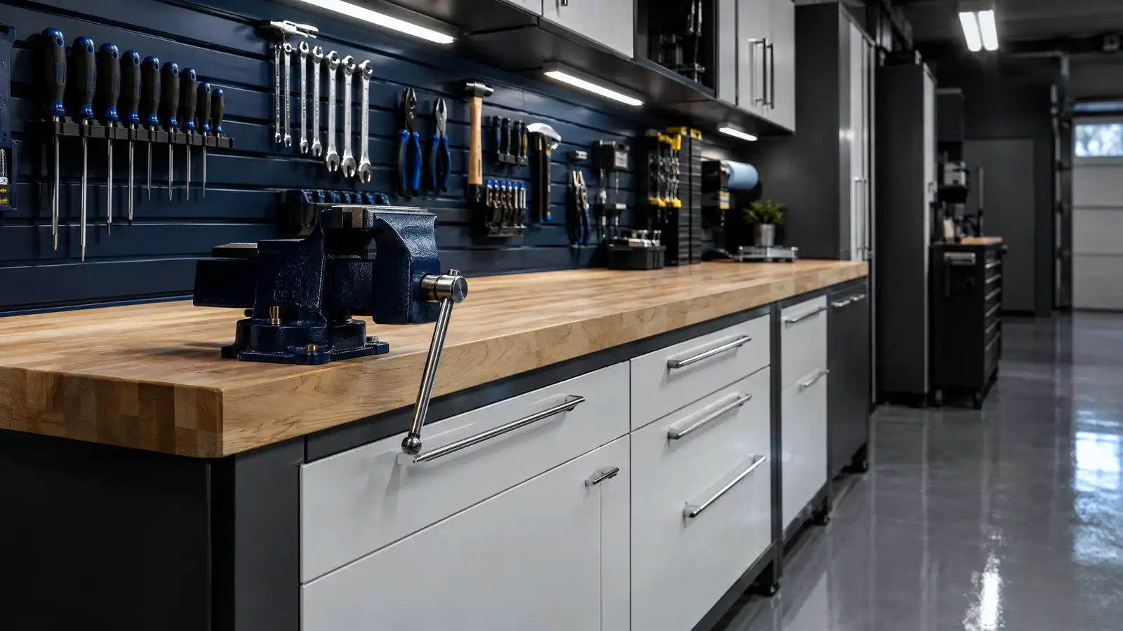 A finished custom garage with cabinets, slatwall and a glossy floor