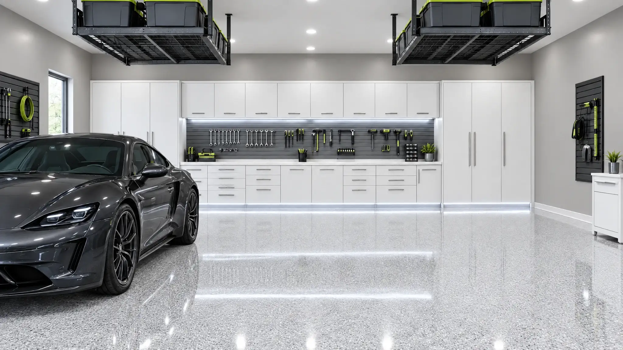 A finished custom garage: arctic white cabinets, pale flake floor, light gray walls