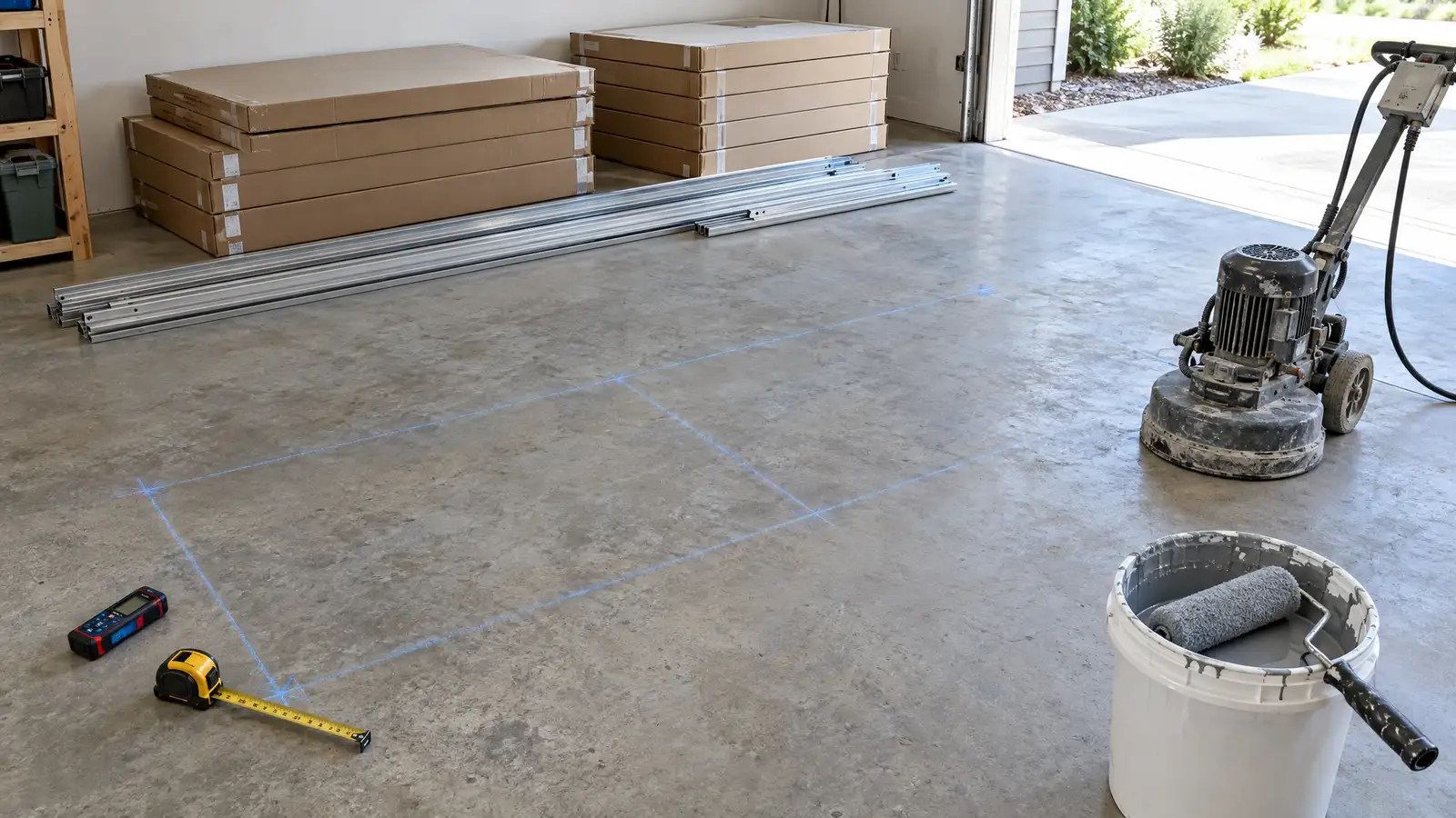 A finished custom garage with cabinets, slatwall and a glossy floor