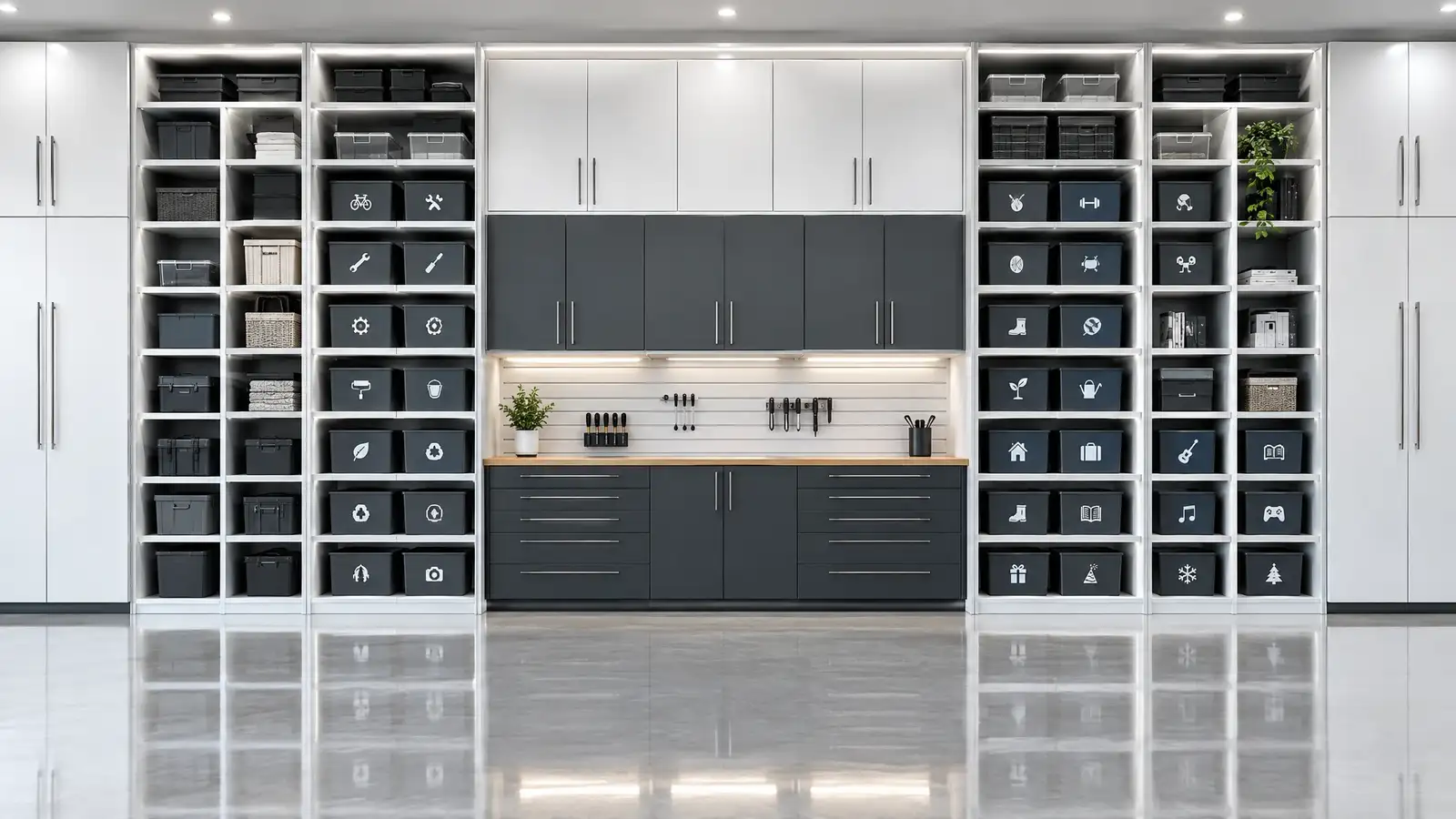 A finished custom garage with cabinets, slatwall and a glossy floor